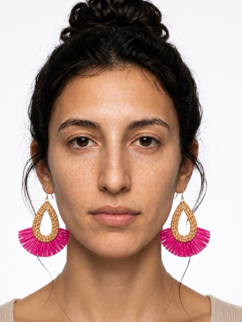 Handcrafted Pink Raffia Teardrop Earrings by